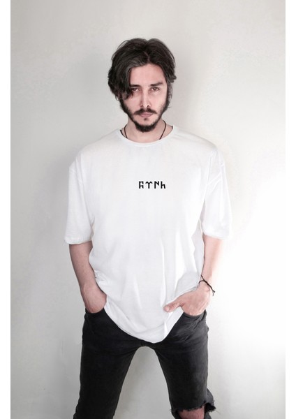 Türk Bozkurt Kurt Baskılı Bisiklet Yaka Oversize Çift Taraflı Beyaz Tişört T-Shirt fiyatları