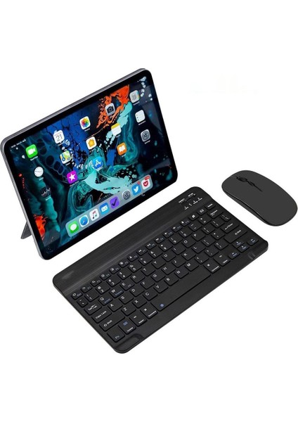 Piranha Android 10 Go Edition Tablet Uyumlu Mini Şarjlı Bluetooth Klavye ve Mouse Seti | Siyah |