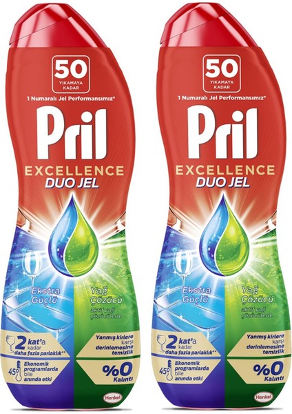 Excellence Duo Jel Bulaşık Makinesi Deterjanı 900 ml (50 Yıkama) Yağ Çözücü 2 Adet