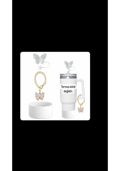 30 - 40 Oz Pipetli Termos Aksesuar Seti Silikon Taban Koruyucu, Pipet Kapağı, Charm