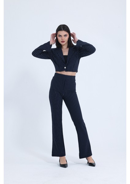 Kadın Siyah Çizgili Dokuma Kumaş Yüksek Bel Pantolon Vatkalı Ceket Takım indirimleri