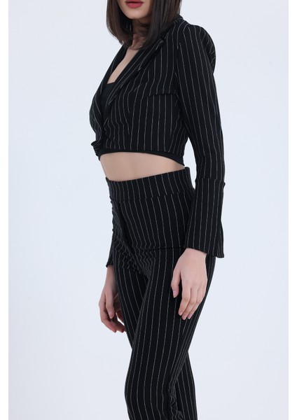 Kadın Siyah Çizgili Dokuma Kumaş Yüksek Bel Pantolon Vatkalı Ceket Takım modelleri