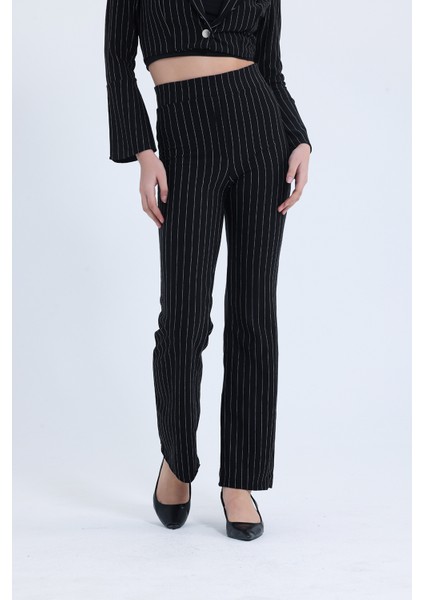 Kadın Siyah Çizgili Dokuma Kumaş Yüksek Bel Pantolon Vatkalı Ceket Takım indirimleri