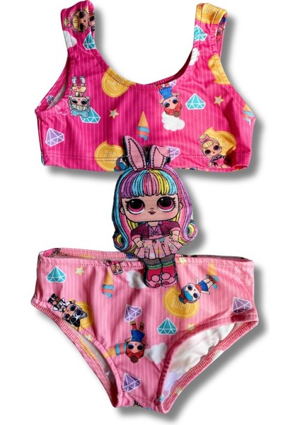 Kız Çocuk Lol Bebek Figürlü Pembe Renk Lastikli Mayokini Çocuk Mayo