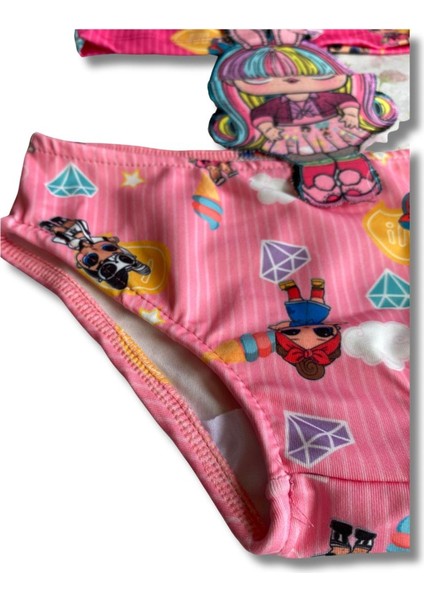 Kız Çocuk Lol Bebek Figürlü Pembe Renk Lastikli Mayokini Çocuk Mayo modelleri