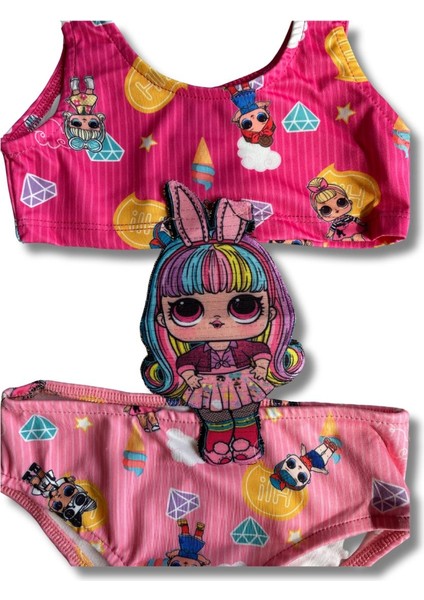 Kız Çocuk Lol Bebek Figürlü Pembe Renk Lastikli Mayokini Çocuk Mayo fırsatları