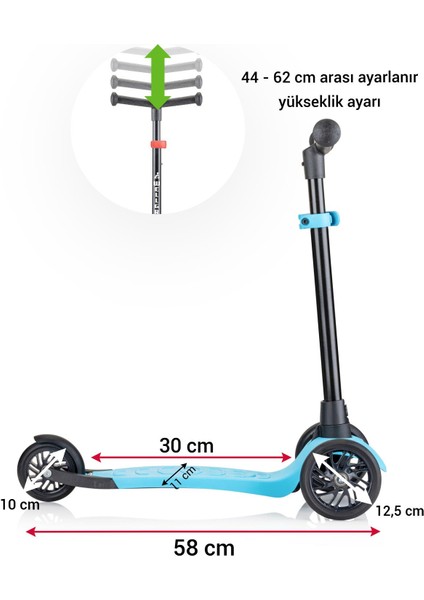 Turbo 3 Tekerli Yükseklik Ayarlı Scooter, Mavi