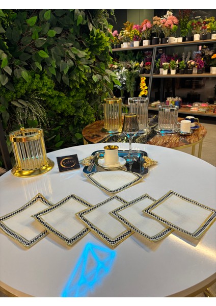 Kokteyl Peçetesi,gold Siyah Ekose Desenli Nakışlı Kare Kahve Tepsisi Peçeteliği,6'lı Sunumluk Peçete