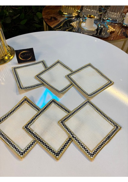 Kokteyl Peçetesi,gold Siyah Ekose Desenli Nakışlı Kare Kahve Tepsisi Peçeteliği,6'lı Sunumluk Peçete