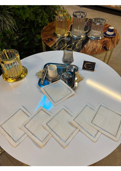 Kokteyl Peçetesi, Gümüş Çerçeveli Desenli Kare Kahve Tepsisi Peçeteliği,6'lı Sunumluk Peçete