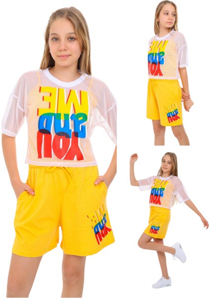 Kız Çocuk You And Me File Tişörtlü Üçlü Şortlu Takım