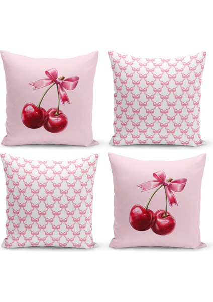 Fiyonklu Kiraz Serisi Çift Tarafı Dijital Baskılı 4'lü Kırlent Kılıfı Seti (Cherry With Bow)