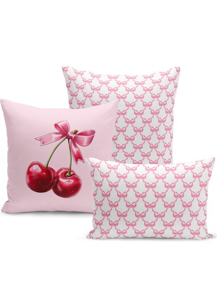 Fiyonklu Kiraz Serisi Çift Tarafı Dijital Baskılı 3'lü Kırlent Kılıfı Seti (Cherry With Bow)