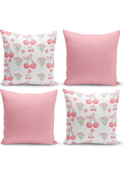 Fiyonklu Kiraz Serisi Çift Tarafı Dijital Baskılı 4'lü Kırlent Kılıfı Seti (Cherry With Bow)