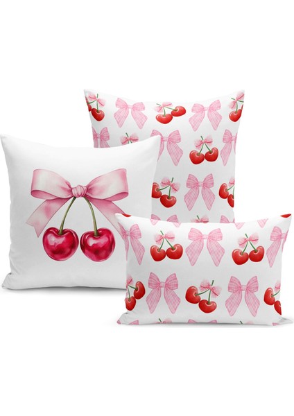 Fiyonklu Kiraz Serisi Çift Tarafı Dijital Baskılı 3'lü Kırlent Kılıfı Seti (Cherry With Bow)