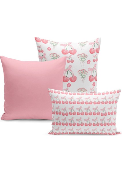 Fiyonklu Kiraz Serisi Çift Tarafı Dijital Baskılı 3'lü Kırlent Kılıfı Seti (Cherry With Bow)