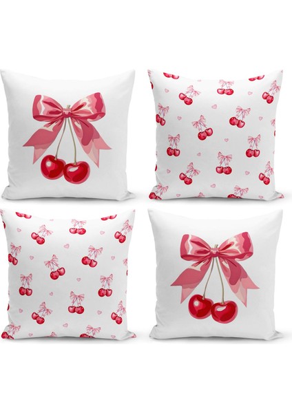 Fiyonklu Kiraz Serisi Çift Tarafı Dijital Baskılı 4'lü Kırlent Kılıfı Seti (Cherry With Bow)