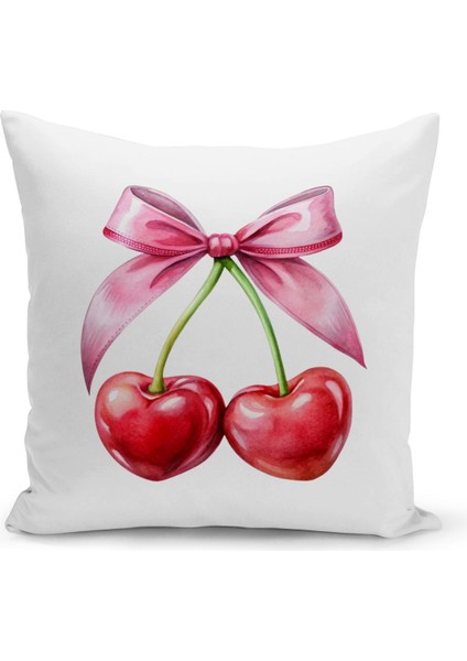 Fiyonklu Kiraz Serisi Çift Tarafı Dijital Baskılı Kırlent Kılıfı (Cherry With Bow)