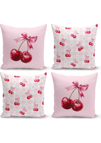 Fiyonklu Kiraz Serisi Çift Tarafı Dijital Baskılı 4'lü Kırlent Kılıfı Seti (Cherry With Bow)