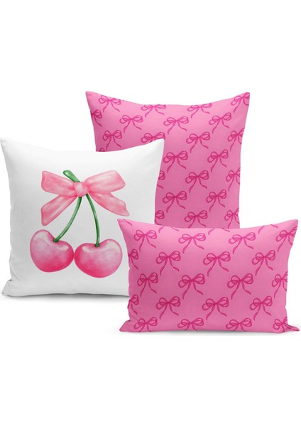 Fiyonklu Kiraz Serisi Çift Tarafı Dijital Baskılı 3'lü Kırlent Kılıfı Seti (Cherry With Bow)