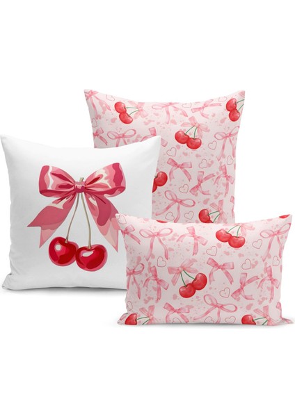 Fiyonklu Kiraz Serisi Çift Tarafı Dijital Baskılı 3'lü Kırlent Kılıfı Seti (Cherry With Bow)