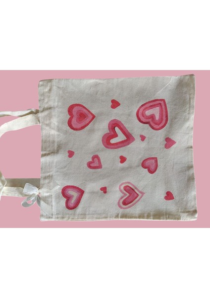 Pembe Kalp Desenli Ham Bez Çanta 35*40 Cm