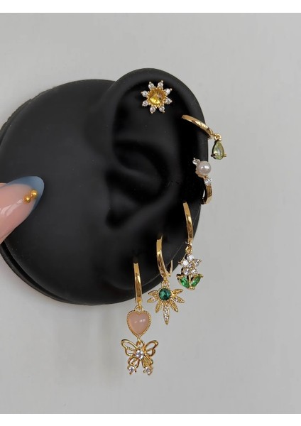 Çelik Gold Çiçek Detaylı 6 Lı Küpe Seti