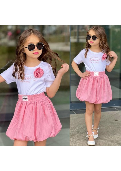 Kız Çocuk Alt Üst Takım Balon Etekli Yaka Cicek Detaylı Pudra Pembe Renk T-Shirt YNM00