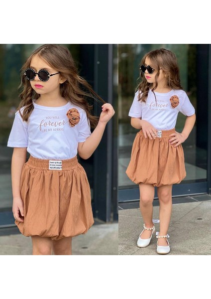 Kız Çocuk Alt Üst Takım Balon Etekli Yaka Cicek Detaylı Camel Renk T-Shirt YMN01