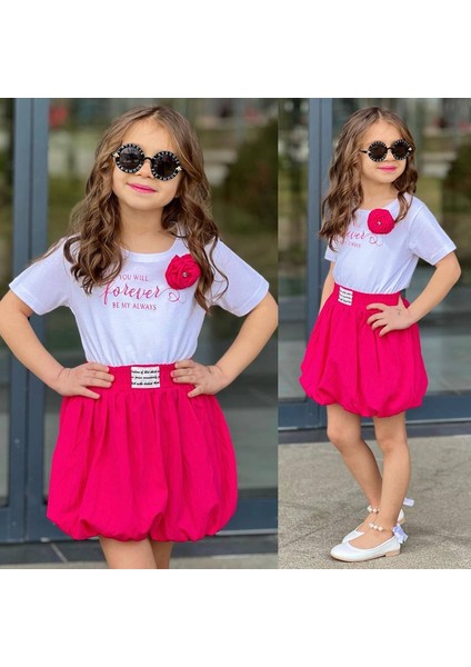 Kız Çocuk Alt Üst Takım Balon Etekli Yaka Cicek Detaylı Fuşya Renk T-Shirt YMN03