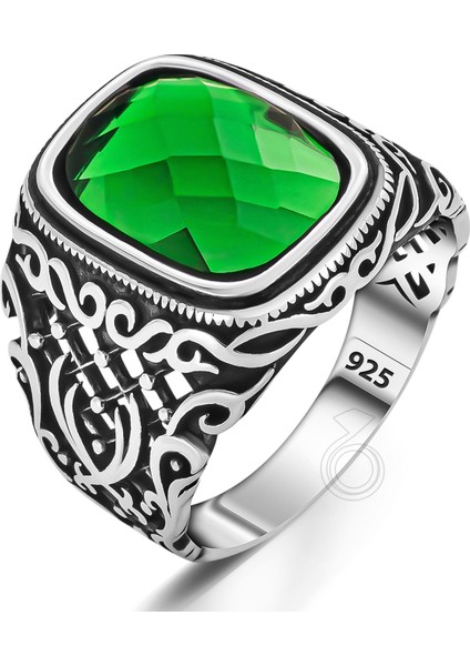 Gümüş Yeşil Zirkon Taşlı Zülfikar Tasarım Erkek Yüzük