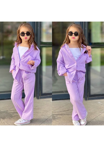 Kız Çocuk Müslin Kumaş Alt-Üst Takım ve Body 3'lü Set Lila Renk Snm9