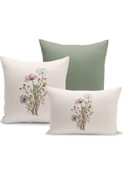 Flower Bahar Serisi Çift Tarafı Dijital Baskılı 3'lü Kırlent Kılıfı Seti (Spring)