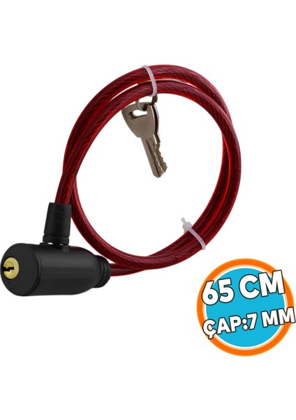Bisiklet Kilidi 65 cm Halat Zincir Çelik Kilit Çap 10 mm Ø Hırsız Önle Güvenlik 1 Adet Kırmızı Renk