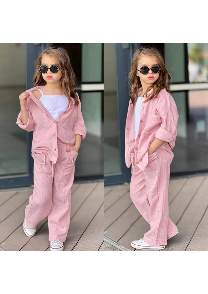 Kız Çocuk Müslin Kumaş Alt-Üst Takım ve Body 3'lü Set Pembe Renk Snm4