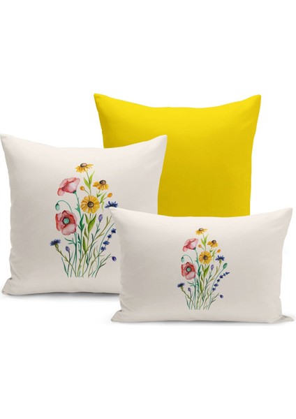 Flower Bahar Serisi Çift Tarafı Dijital Baskılı 3'lü Kırlent Kılıfı Seti (Spring)