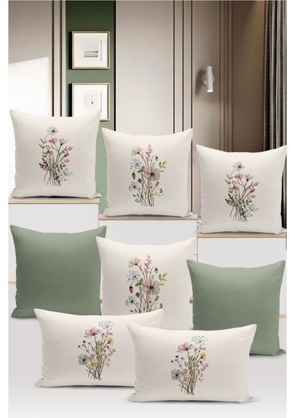 Flower Bahar Serisi Çift Tarafı Dijital Baskılı 8'li Kırlent Kılıfı Seti (Spring)