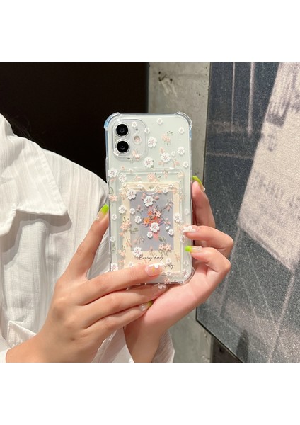 Kart Yerleştirme Tam Ekran Taze Beyaz Çiçek Cep Telefonu Kılıfı