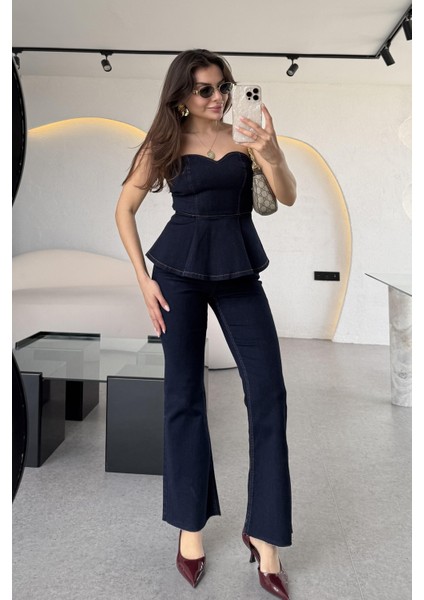 Straplez Volanlı Denim Takım