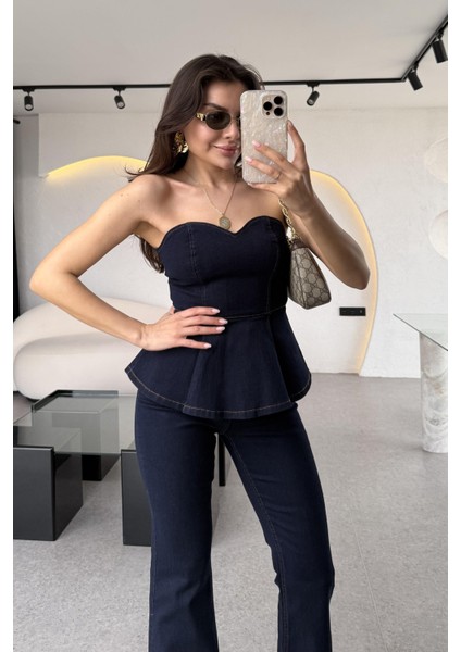Straplez Volanlı Denim Takım