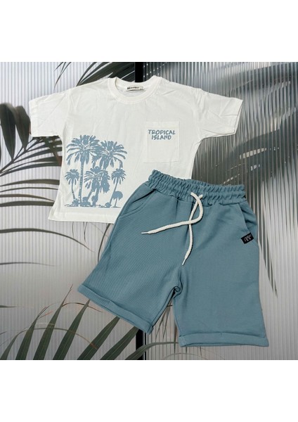 Erkek Çocuk Penye Süprem Kumaş Şort-T-Shirt 2'li Alt Üst Takım Mavi Renk 022