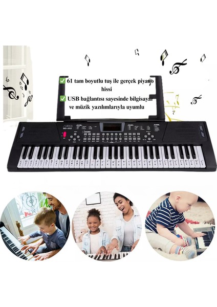 Multizone 61 Tuşlu Elektronik USB Dijital Çocuk Piyanosu Mikrofonlu Başlangıç Için Keyboard Demolu