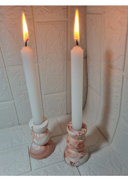 Pinterest Model Kiremit Renk Geçişli Şamdanlık ve Beyaz Şamdan Mum 2' Li Set