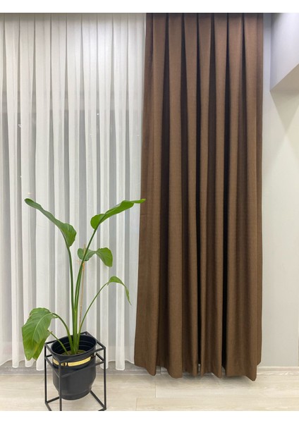 Acı (Koyu) Kahve Rengi 1/3 Sık Pileli Keten Fon Perde