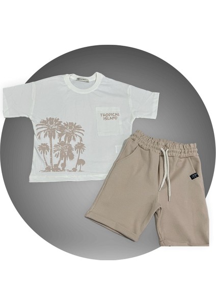 Erkek Çocuk Penye Süprem Kumaş Şort-T-Shirt 2'li Alt Üst Takım Bej Renk 033
