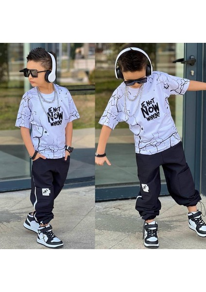 Erkek Çocuk Paraşüt Kumaş Pantolon Penye T-Shirt 2'li Alt Üst Takım Beyaz- Siyah Renk 09