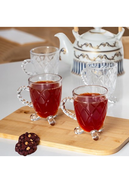 Metrashop 15720 Ayaklı Kulplu Desenli 4'lü Cam Bardak - Kulplu Çay Kahve Bardağı - 200 cc