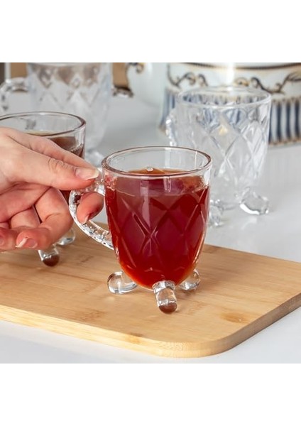 Metrashop 15720 Ayaklı Kulplu Desenli 4'lü Cam Bardak - Kulplu Çay Kahve Bardağı - 200 cc