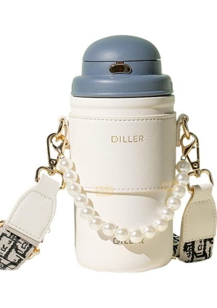 Diller 580ML Moda Deri Kılıflı Inci Süslü Pipetli Askılı Paslanmaz Çelik Termos Matara (Lacivert-Beyaz)