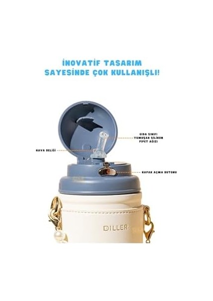 Diller 580ML Moda Deri Kılıflı Inci Süslü Pipetli Askılı Paslanmaz Çelik Termos Matara (Lacivert-Beyaz)